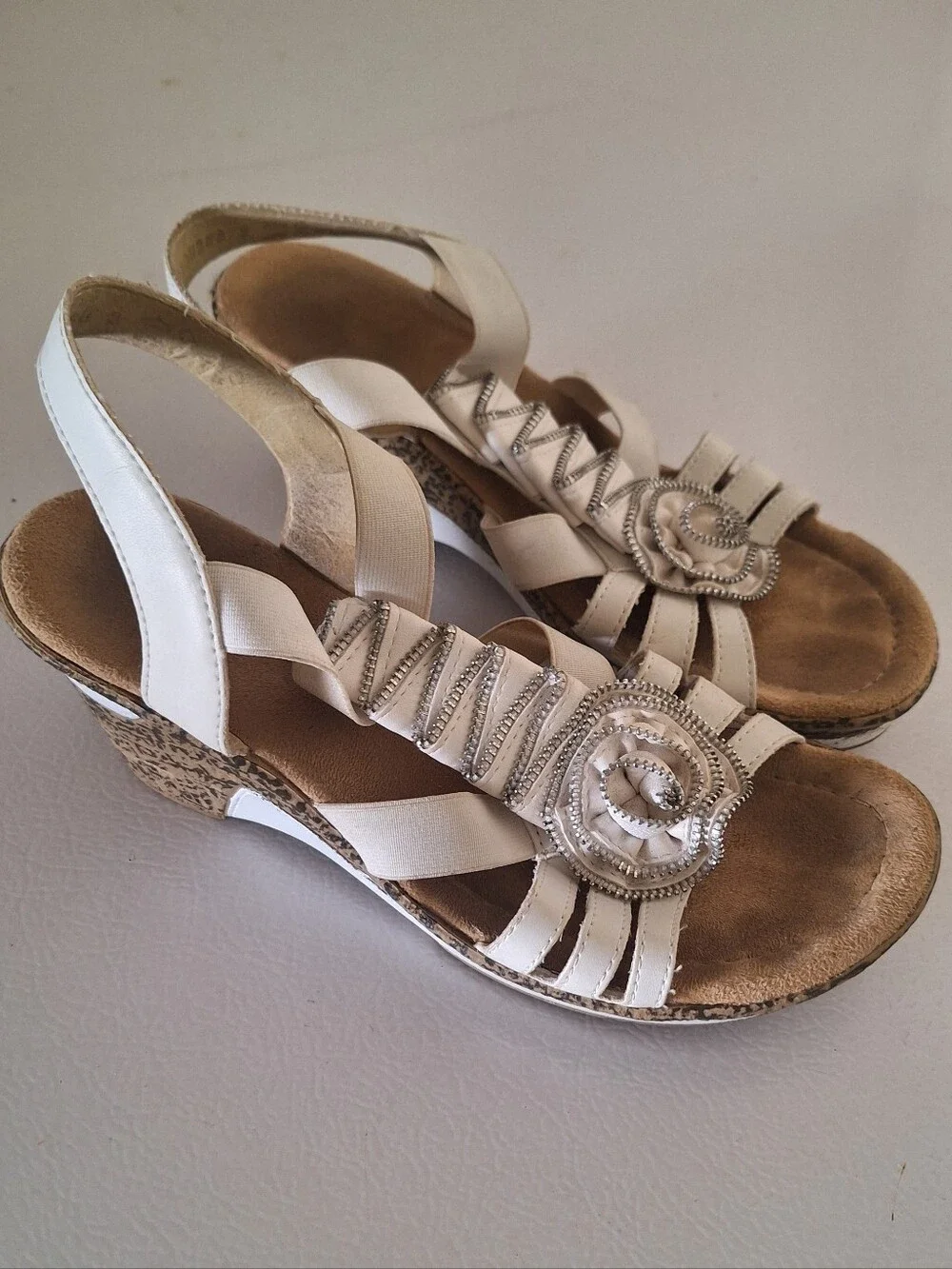 Women's Cream Slingback Wedge Sandals with Floral Accent